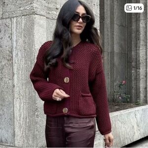 Zara Chunky Knit Button Down Sweater Cardigan in Burgundy